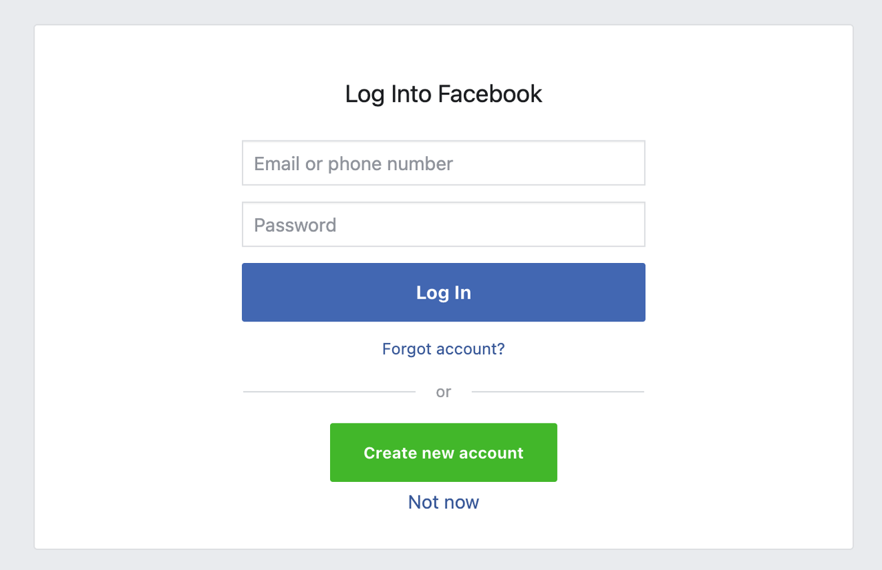 Facebook login step 1