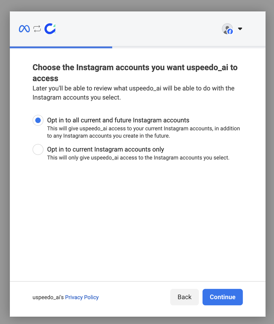 Instagram permissions step 1