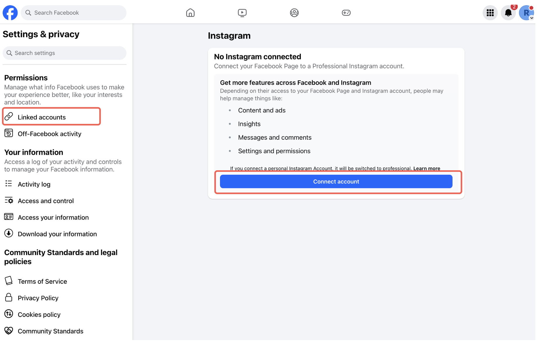 Connect Instagram to Facebook Page