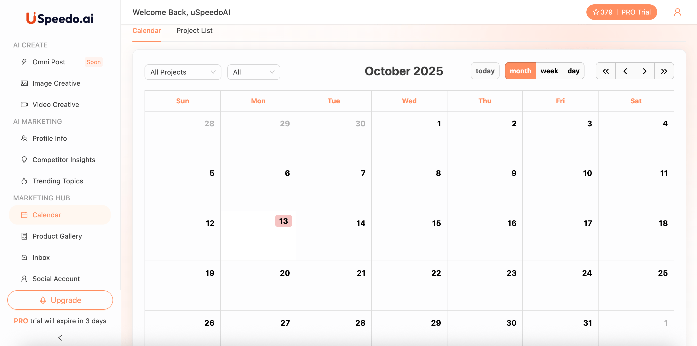 uSpeedo Quick Start Checklist Calendar Page