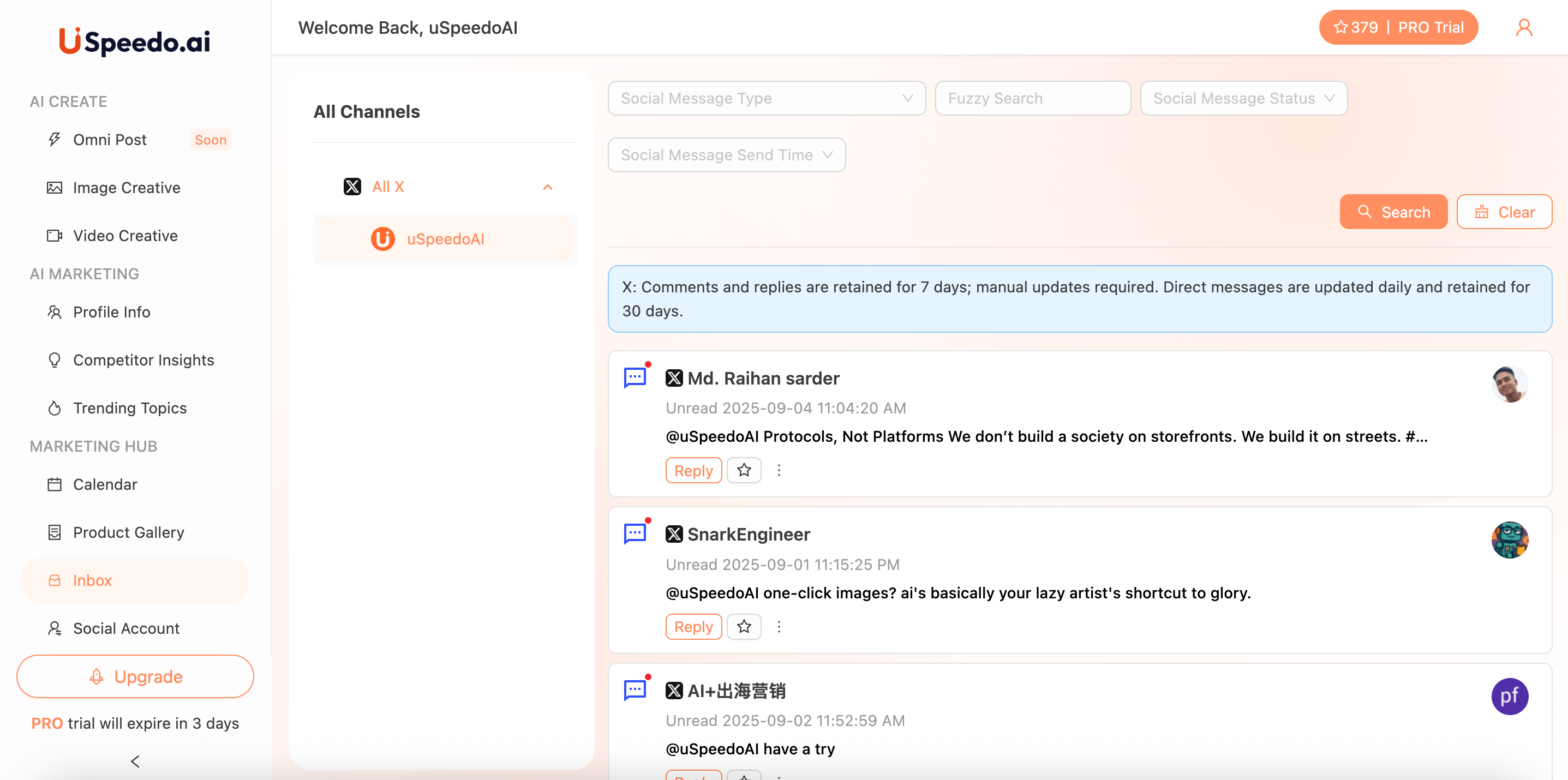 uSpeedo Quick Start Checklist Inbox Page