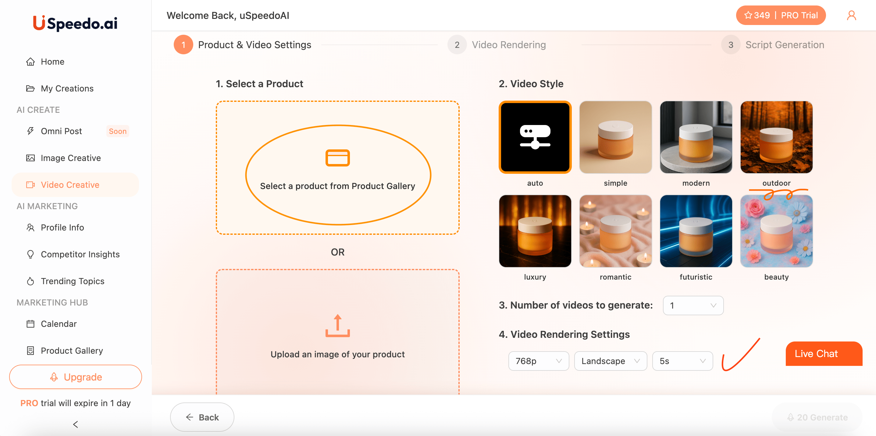 uSpeedo Video Creative Settings Page