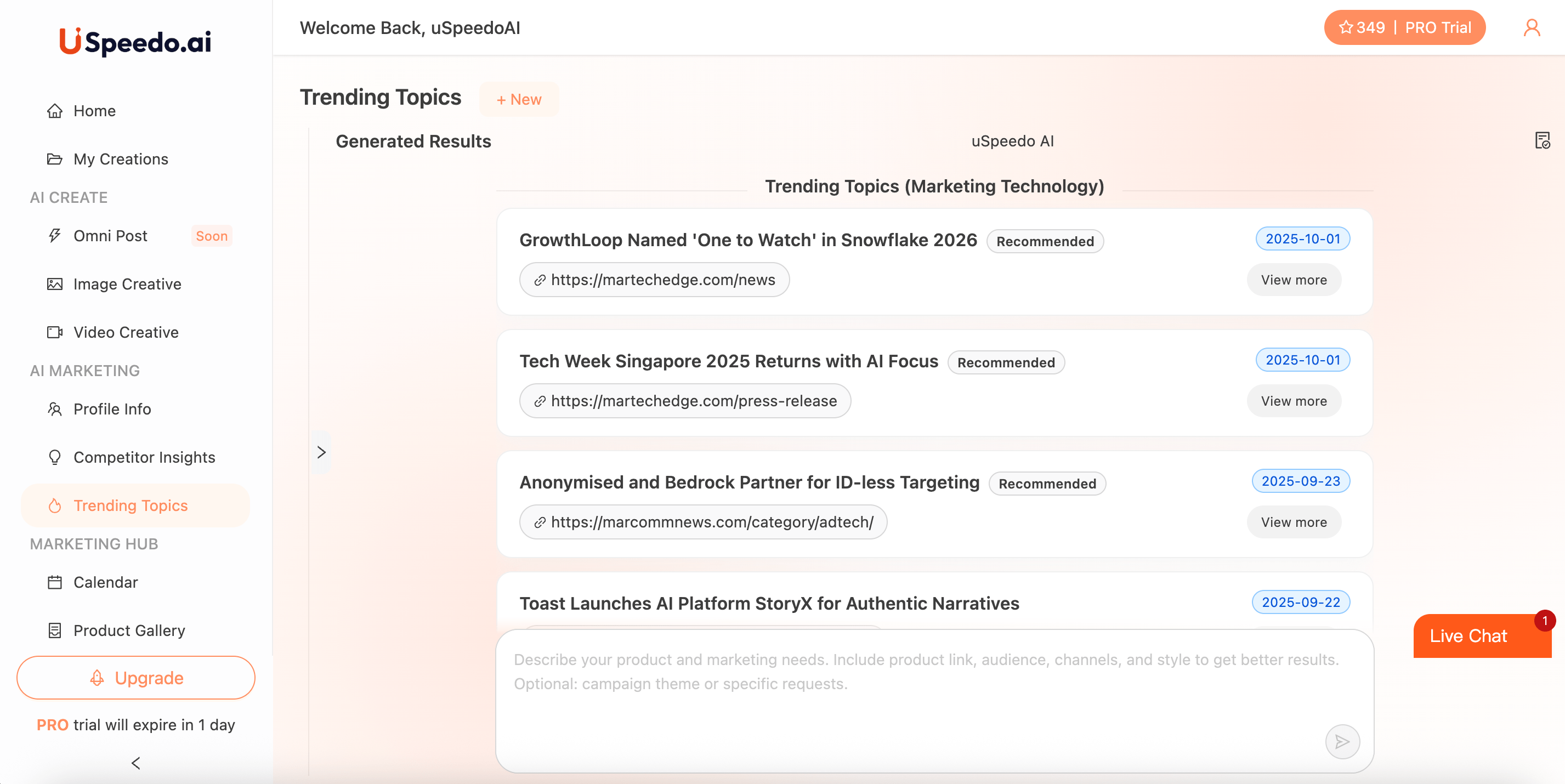 uSpeedo Trending Topics Thinking Page